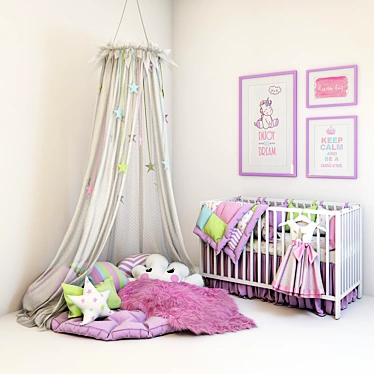 Nursery Set: Cot, Soft Zone, Canopy & Pictures 3D model image 1 