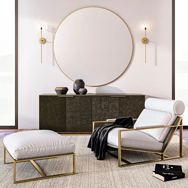 RH Modern Living Set: Milo Baughman Fabric Chair, Ottoman, Mirror, Sconce, Rug, Sideboard, Decor Bowls, 3D model image 1 