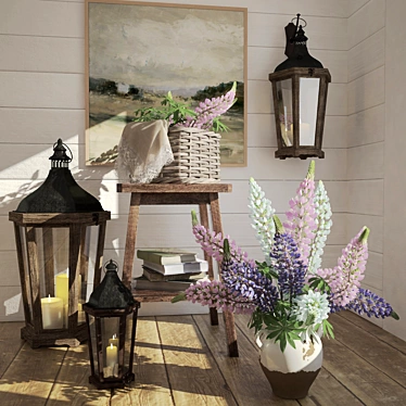 Lupine Bouquet: Decorative Set with Rustic Items 3D model image 1 