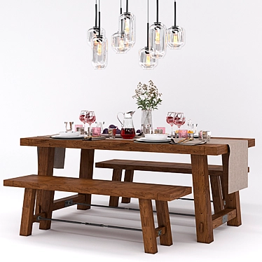 Rustic Dining Set: Benchwright Table & Bench 3D model image 1 
