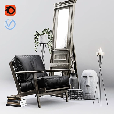 Modern Loft Set: Leather Lounge Chair, Decorative Vases, Mirror Door, Candle Holder 3D model image 1 