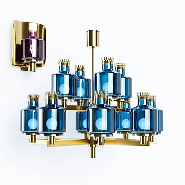 Hans Agne Jakobsson Brass & Blue Glass Tube Chandelier, Wall Lamp model V-222