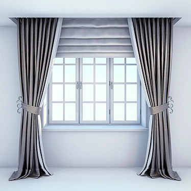 Roman Blinds with Gray-Beige Curtains for Stylish Windows 3D model image 1 