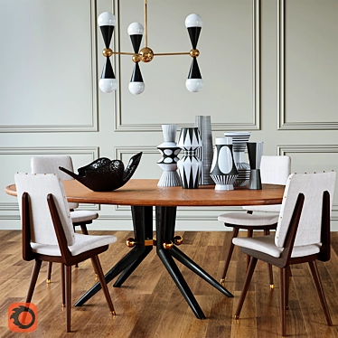 Trocadero wood dining table, Camille dinning chair, Caracas Six-light chandelier, Vases, Flying bird