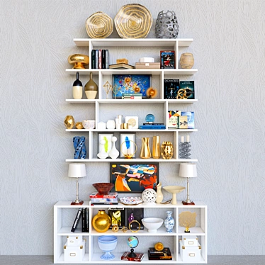 Elegant Shelf Display: Figurines, Vase, Gold, Books & Lamp 3D model image 1 