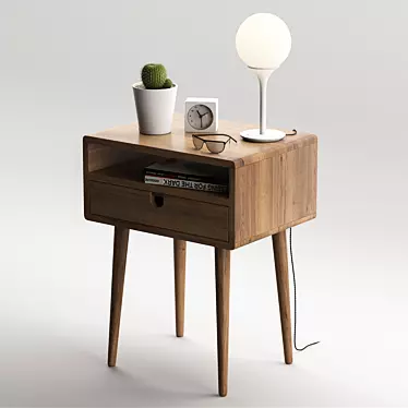 Mid Century Walnut Nightstand with Drawer 3D model image 1 