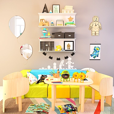 Kids Lego Set: Furniture, Organizer, Poufs, Rug, Mirror, Clock & Figures 3D model image 1 