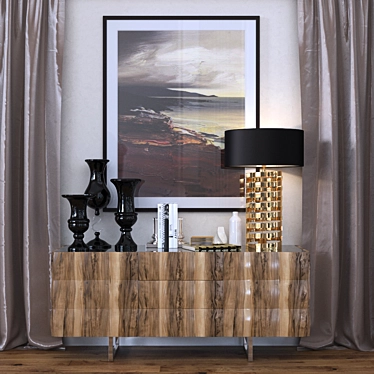 Modern Walnut Dresser with Black Glass Top and Chrome Legs 3D model image 1 