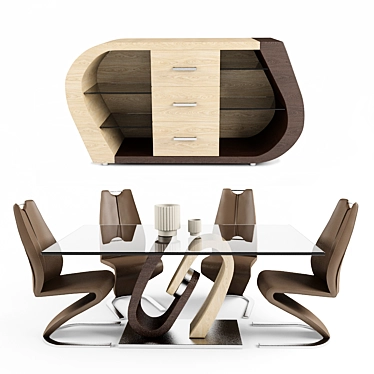 Modern Oak & Walnut Dining Set 3D model image 1 