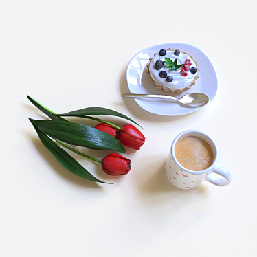 Morning Bliss: Coffee, Dessert, Tulips 3D model image 1 