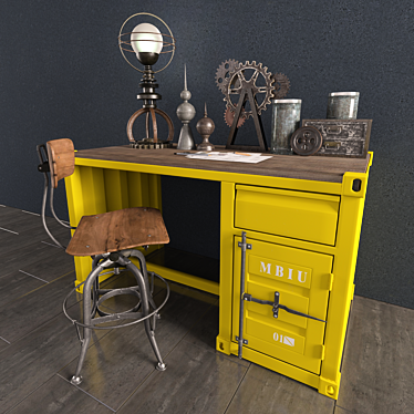 Vintage Industrial Desk & Chair Set 3D model image 1 