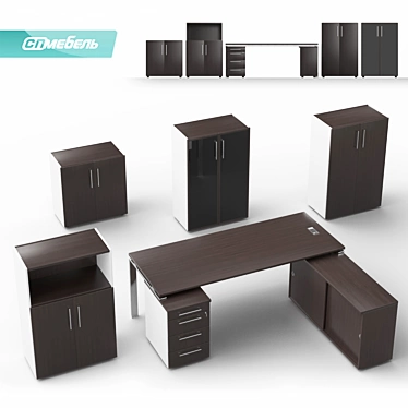 Bent Desk Set with Metal Frame for Manager 3D model image 1 