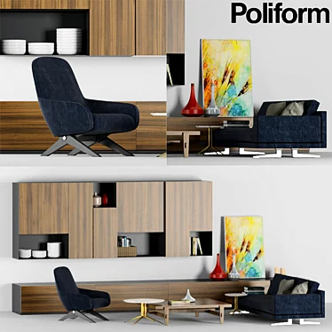 Poliform Livingroom Set: Sintesi, Marlon Armchair, Mondrian Coffee Tables, Sofa 3D model image 1 