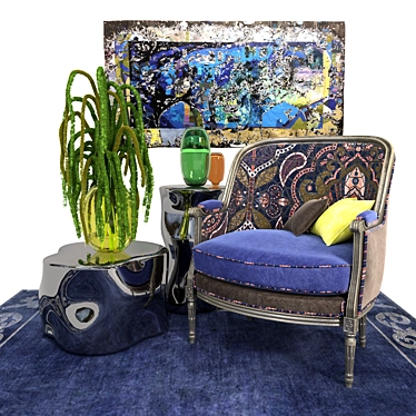 Luxury Roche Bobois Set: Mozart Bergere Chair, Silver Tree Tables, Amiral Frame Rug 3D model image 1 