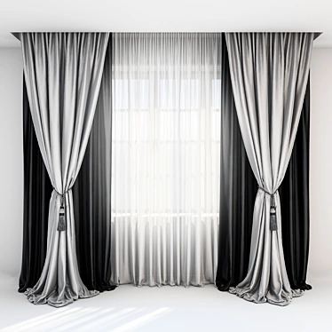 Title: Elegant Black Satin Curtains with Pick-up Brush & Tulle 3D model image 1 