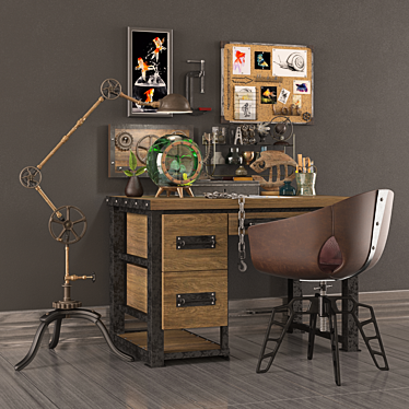 Industrial Loft Writing Desk & Round Aquarium 3D model image 1 