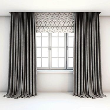 Gray Two-Toned Roman and Straight Curtains with Window Layouts 3D model image 1 