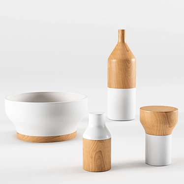 Harmonious Fusion: Ceramic & Wood Tableware 3D model image 1 