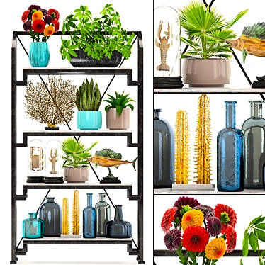 Tropical Decor Set: Shelf with Statuette, Plants, Flowers 3D model image 1 