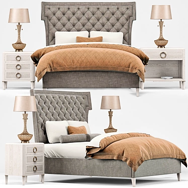 Hayley Hollywood Bed Set with Nightstand & Lamp 3D model image 1 