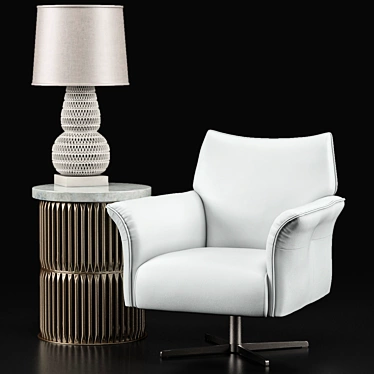 Modern White Lounge Chair & Antique Silver Side Table Set 3D model image 1 