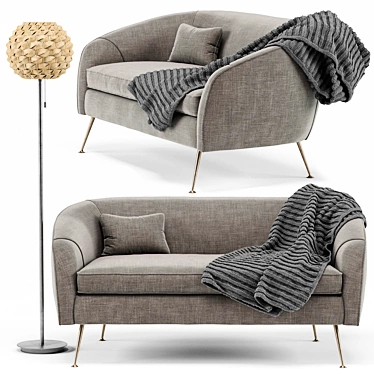 Stella Mid-Century Loveseat & Urchin Rattan Floor Lamp 3D model image 1 