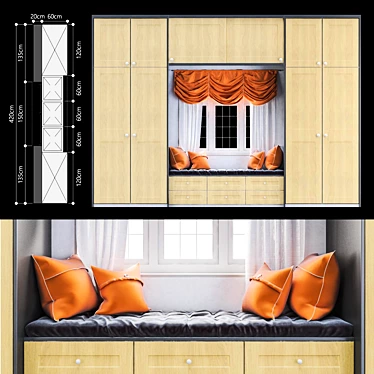 Stylish Shaker-Beaded Wardrobe with Window Seat 3D model image 1 