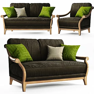 Vintage-style Altavilla Marlon Loveseat & Armchair: Brown Velvet & Oak Structure 3D model image 1 