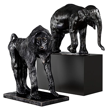 Bronze Patina Elephant and Baboon Sculptures 3D model image 1 