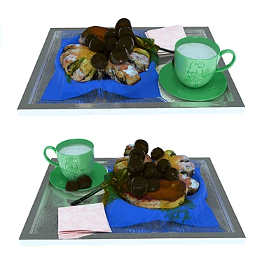 Summer Breakfast Delight: Poppy Seed Rolls, Chocolate Treats, Honey & Kefir 3D model image 1 