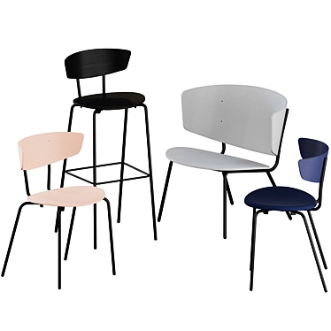 Modern Scandinavian Chairs & Stool Set 3D model image 1 