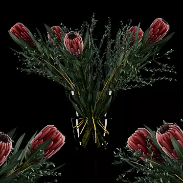 Realistic Proteas & Eucalyptus Parvifolia - Glass Vase 3D model image 1 