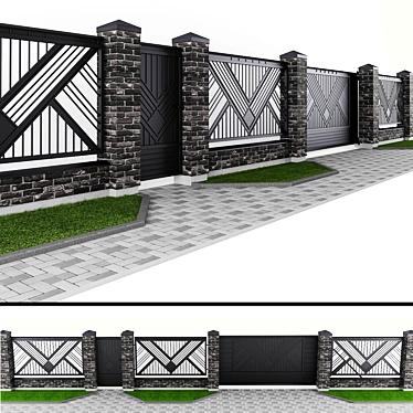 Brick Fence Set with Gates 3D model image 1 