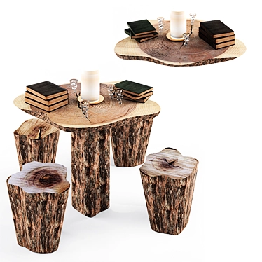 Rustic Wood Table & Chair Set 3D model image 1 