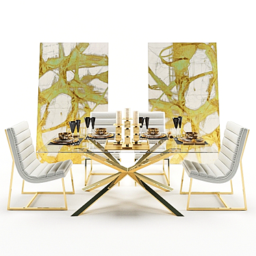 Modern Glass Dining Set with Armchairs & Decor 3D model image 1 