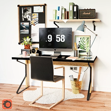 Modern Workstation Set: Desk, Chair, Clock, Lamp, Speaker 3D model image 1 