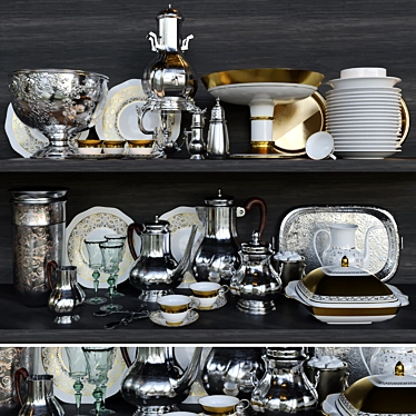 Turkish Chrome Crockery Set: Tray, Teapot, Duckling 3D model image 1 