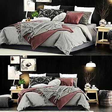 Modern Bed Set with Stylish Lighting & Decoratives 3D model image 1 