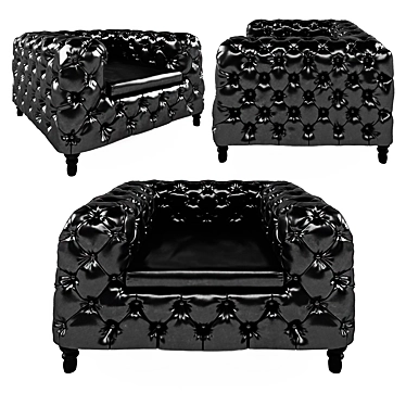 Sleek Tufty Club Chair: Black Faux Leather & Wood 3D model image 1 