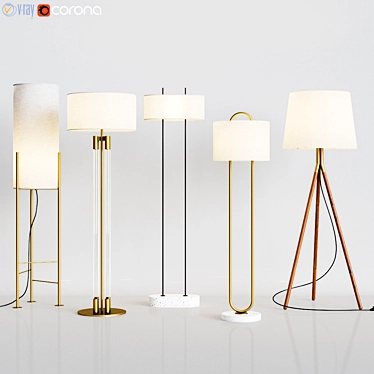 5-Piece CB2 Floor Lamps Set with Acrylic, Brass, White, Shiro, Tres, and Warner-Marble Finishes 3D model image 1 