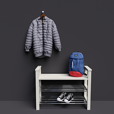 IKEA Hemnes Shoe Bench with Shelf - Bundle includes Sneakers, Backpack, and Down Jacket 3D model image 1 