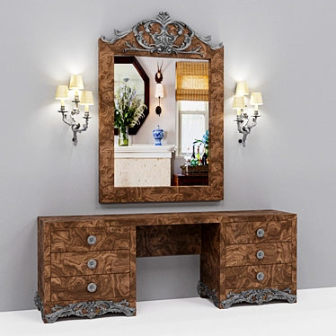 Deco Walnut/Silver Leonor Dressing Table & Mirror 3D model image 1 