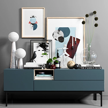 Scandinavian Style Set with Sideboard, Lamps, Posters & Sculpture 3D model image 1 