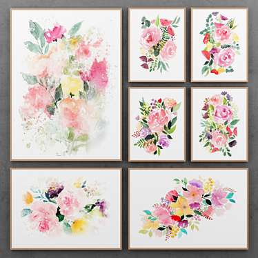 Watercolor Flower Paintings Set: Classic Floral Art 3D model image 1 