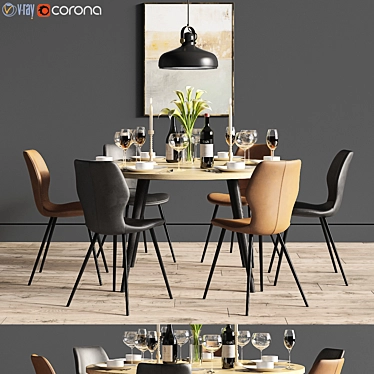 Elegant Dining Set with Stylish Chair & Pendant Light 3D model image 1 