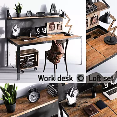 Loft Workspace Set | Desk, Chair, Lamp 3D model image 1 