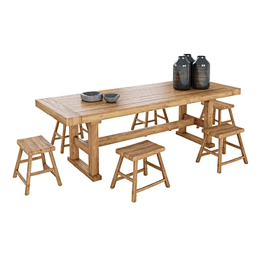 Natural Wood Table Set 3D model image 1 