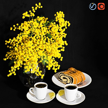 Gourmet Breakfast Set with Poppy Seed Bun & Coffee 3D model image 1 