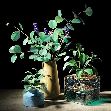 Lush Greenery Trio: Lamb's Ear, Eucalyptus, Lavender 3D model image 1 