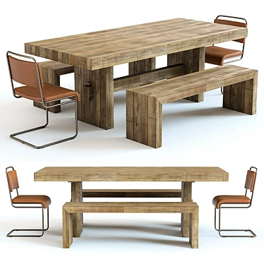 Rustic Dining Set: West Elm Emmerson Table & Industrial Chairs 3D model image 1 